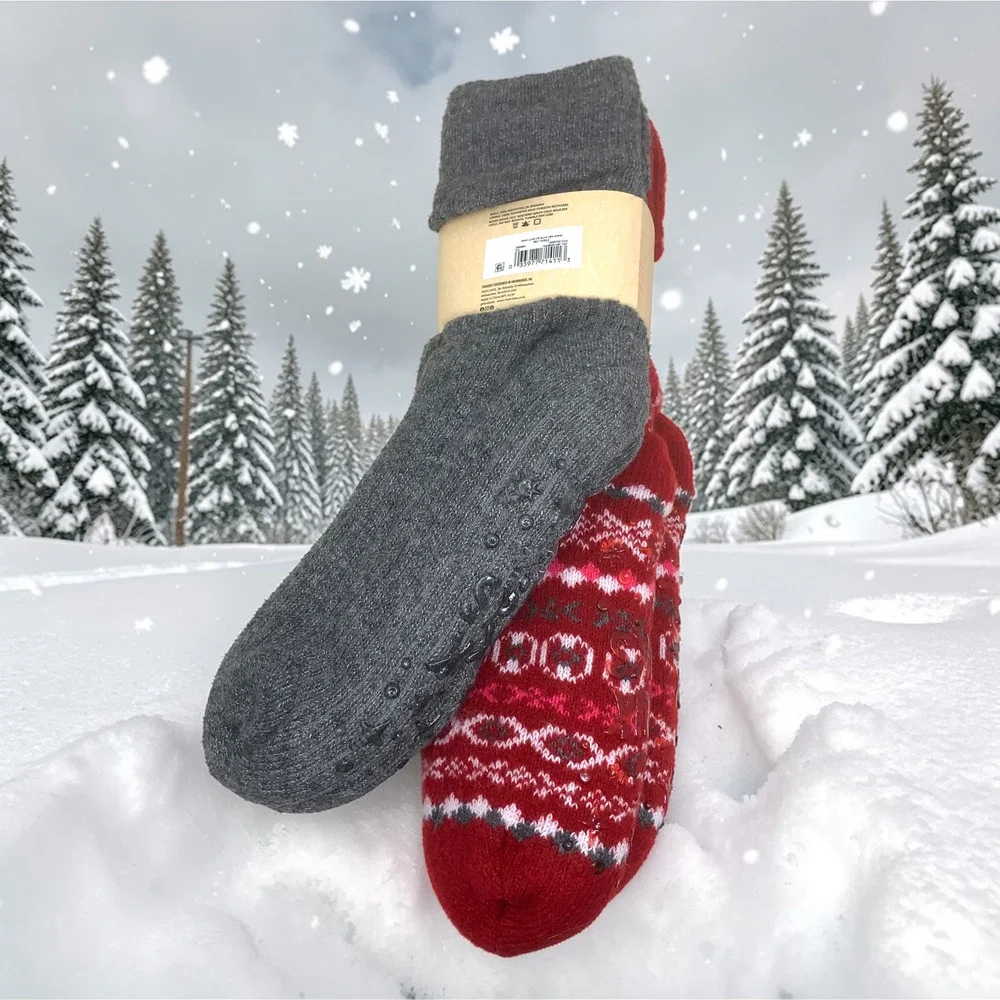 NEW MUK LUKS Cabin Socks Fair Isle Red Gray Non Skid Women's Sz 6-10 NWT